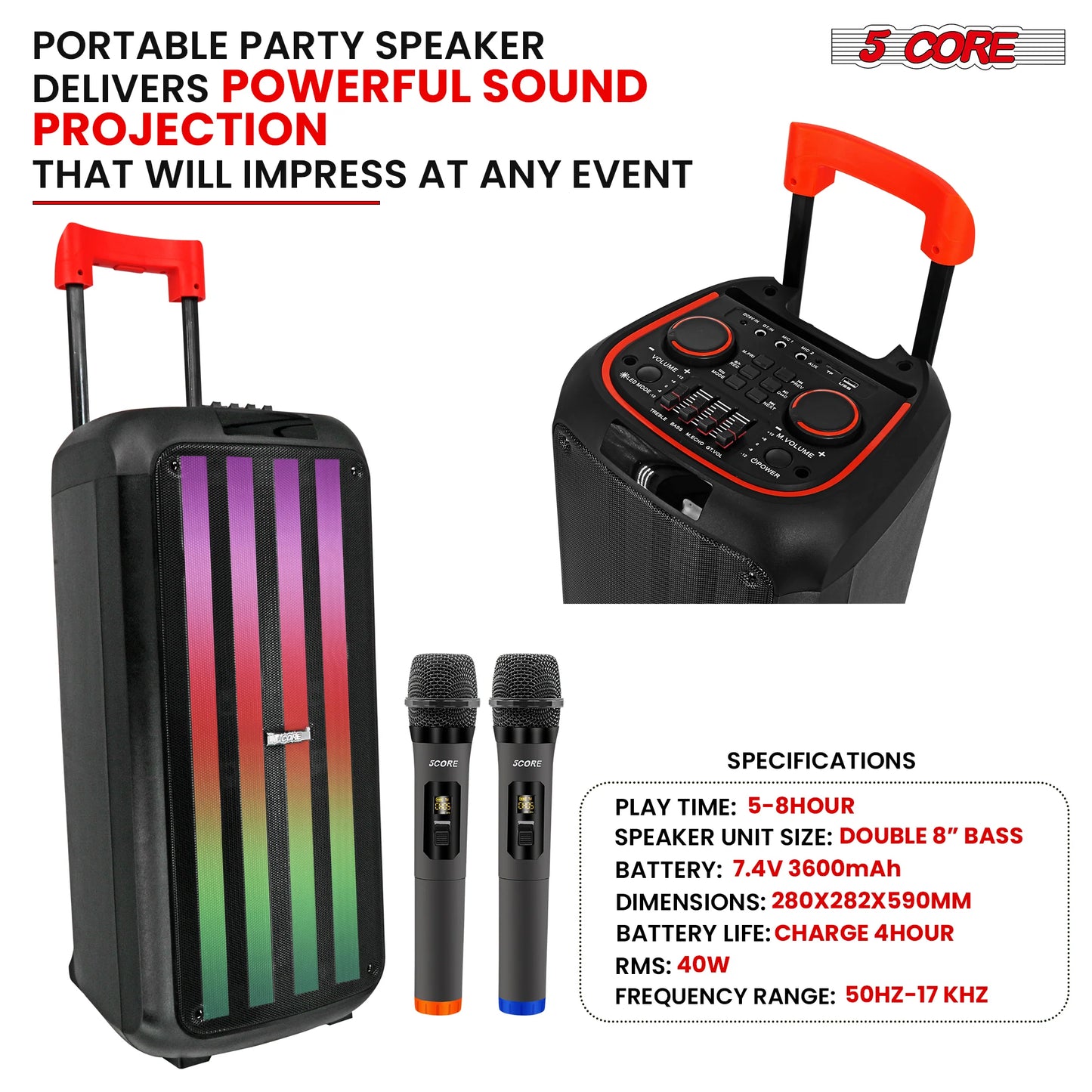 5Core Bluetooth Party Speaker 8 Inch PA RGB Partybox Karaoke Machine + 2 Wireless Mic